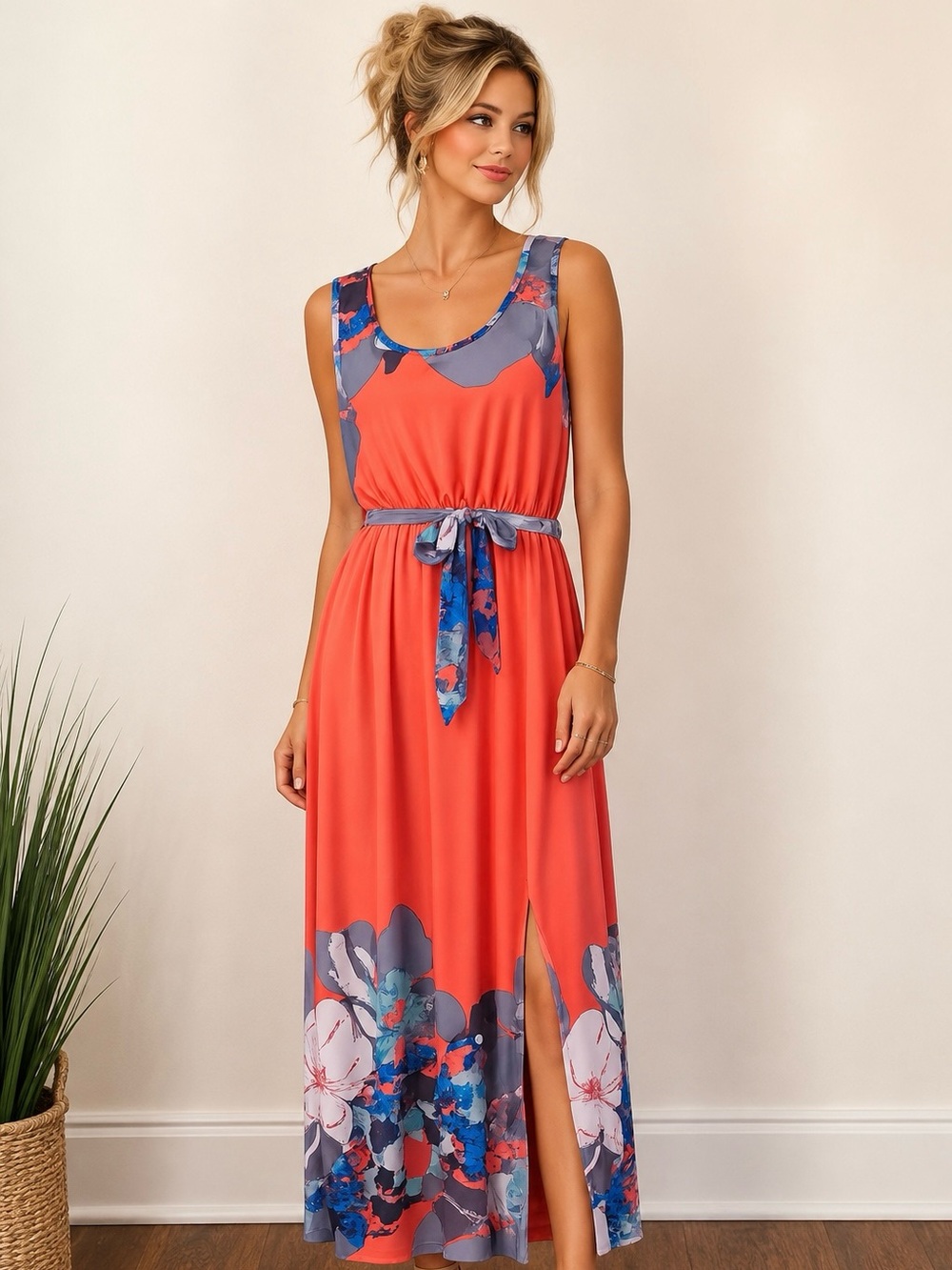 NWT Jon & Anna Coral Floral Maxi Dress Side Slit Belted Size L